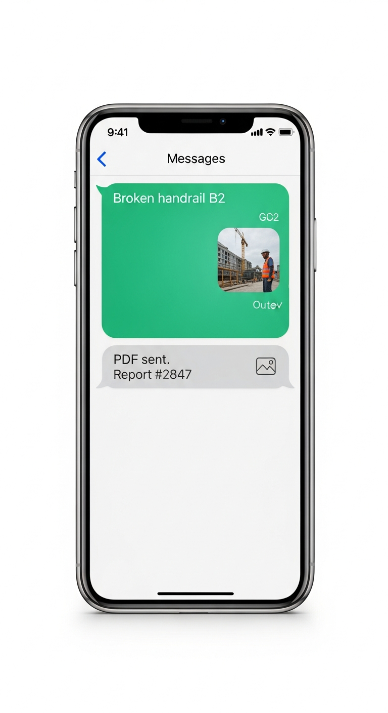 SMS showing Broken handrail B2 with photo attachment and PDF receipt reply
