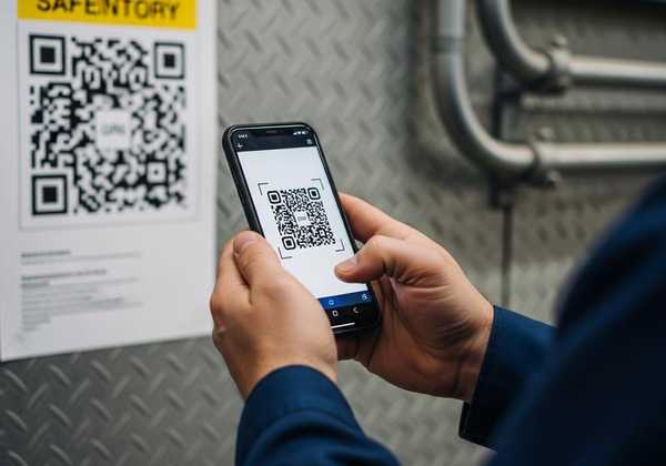 Worker scanning QR code with phone